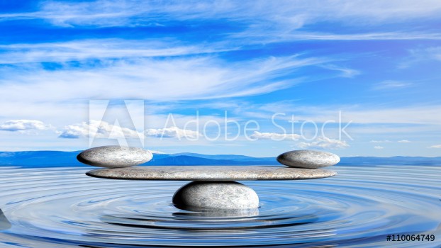 Picture of 3D rendering of balancing Zen stones in water with blue sky and peaceful landscape